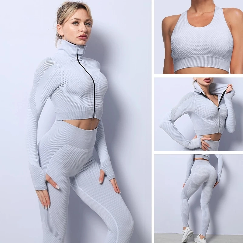 Custom Logo 3PCS Seamless Women Workout Sportswear Fitness Long Sleeve Zip Tracksuit Yoga Wear