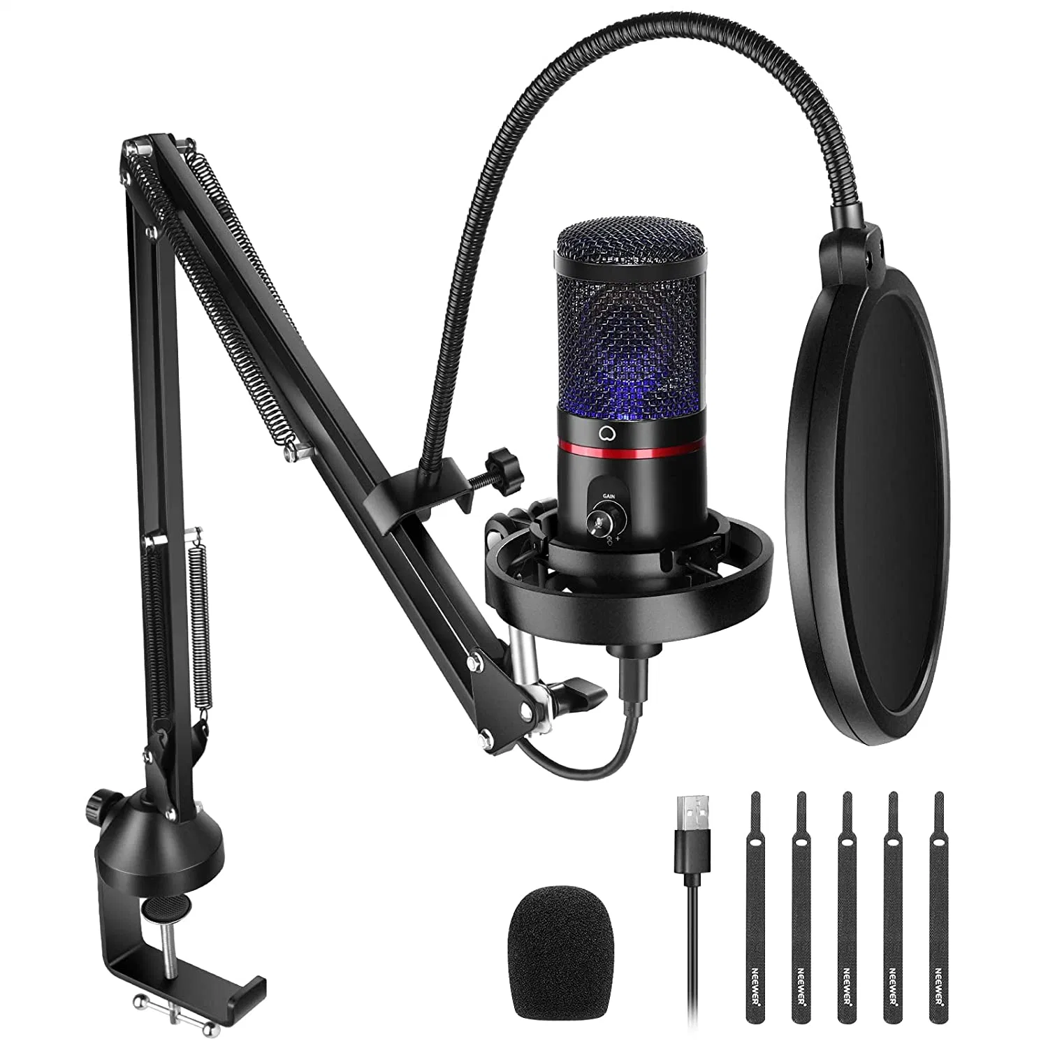Neewer USB Gaming Microphone, Plug&Play One Click Mute and Gain Computer Condenser Microphone for PC Mac PS.4 PS.5 Upgraded Boom Stand Shock Mount Cool Lighting