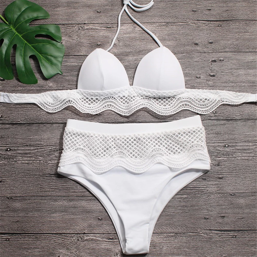 Women Low Waist Thong Bikini Set Two Piece White Color Swimsuit Lace Beach Wear