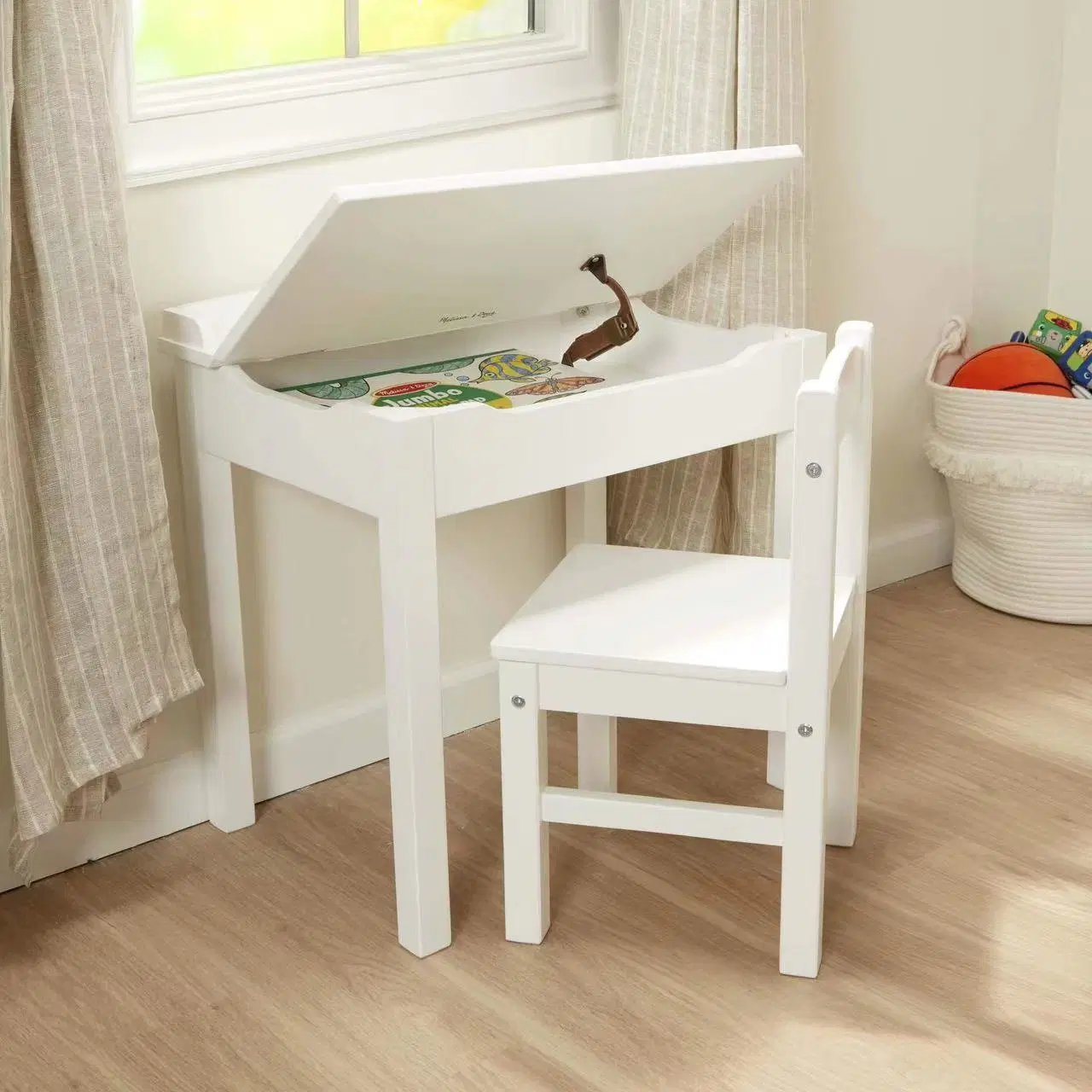 Durable Modern Children Furniture Set White 2-Piece Kids Wooden Lift-Top Desk and Chair