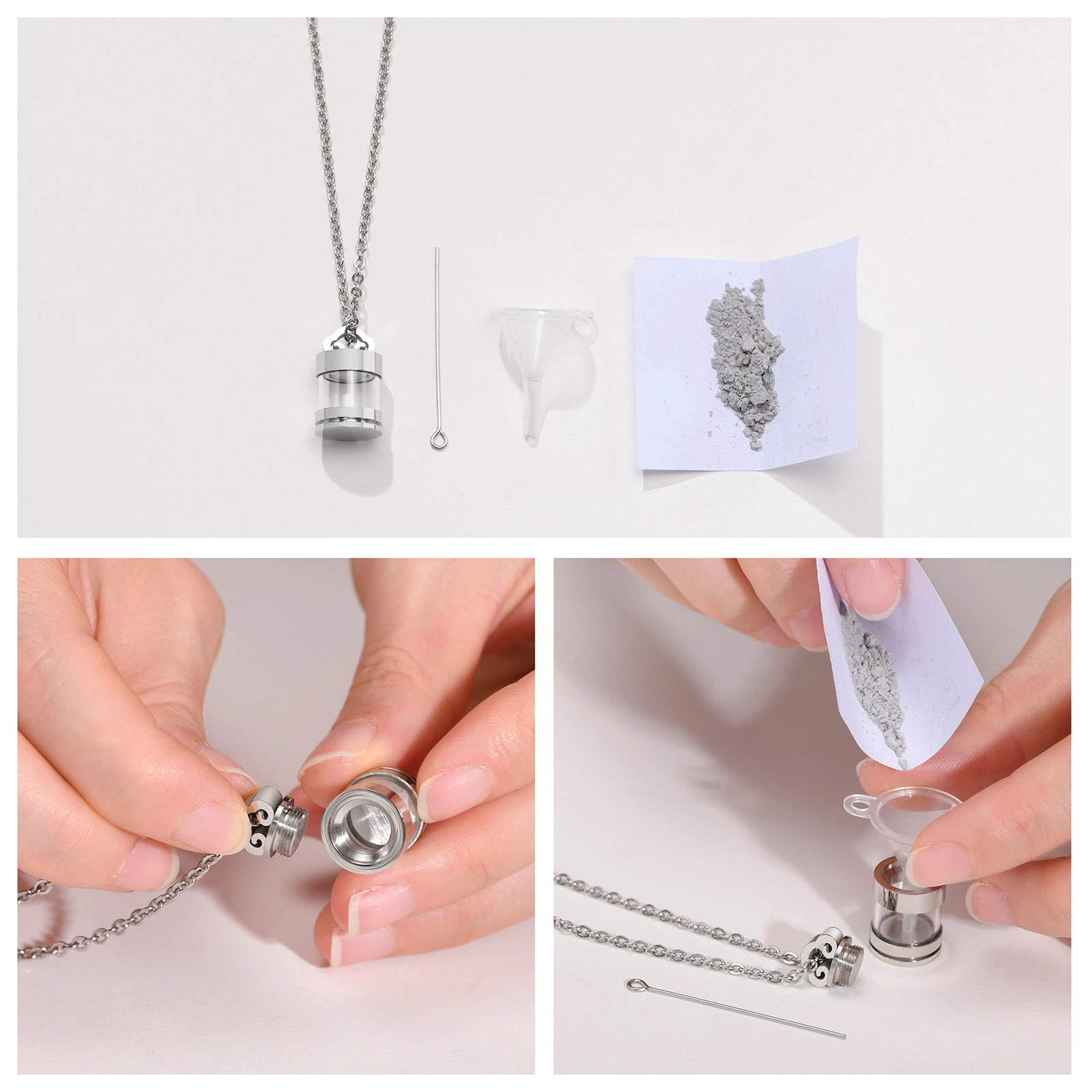 Stainless Steel Glass Clear Urn Can Be Opened Pendant Steel Color Men's and Women's Necklace Perfume Box