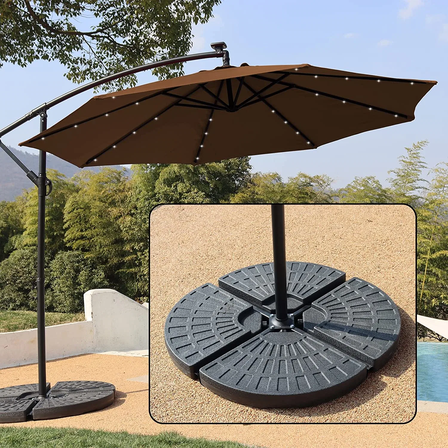 Dandelion Solar Offset Umbrella, 10FT Cantilever Hanging Brown Umbrella with Umbrella Base Weight