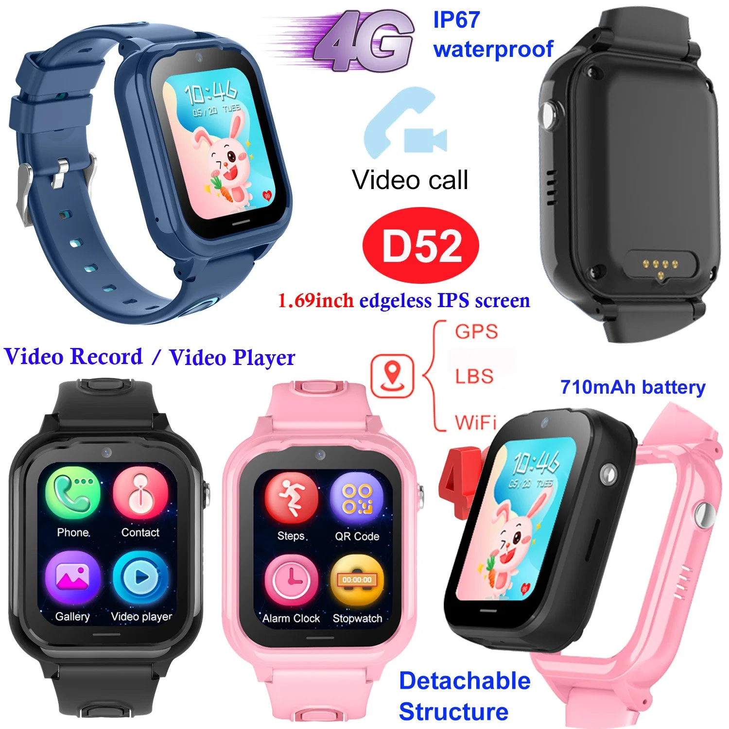 Fabricante da China, 4 g resistência à água, vídeo de câmara HD de alta qualidade Ligue para o telemóvel Kids Smart Media Watch Phone D52