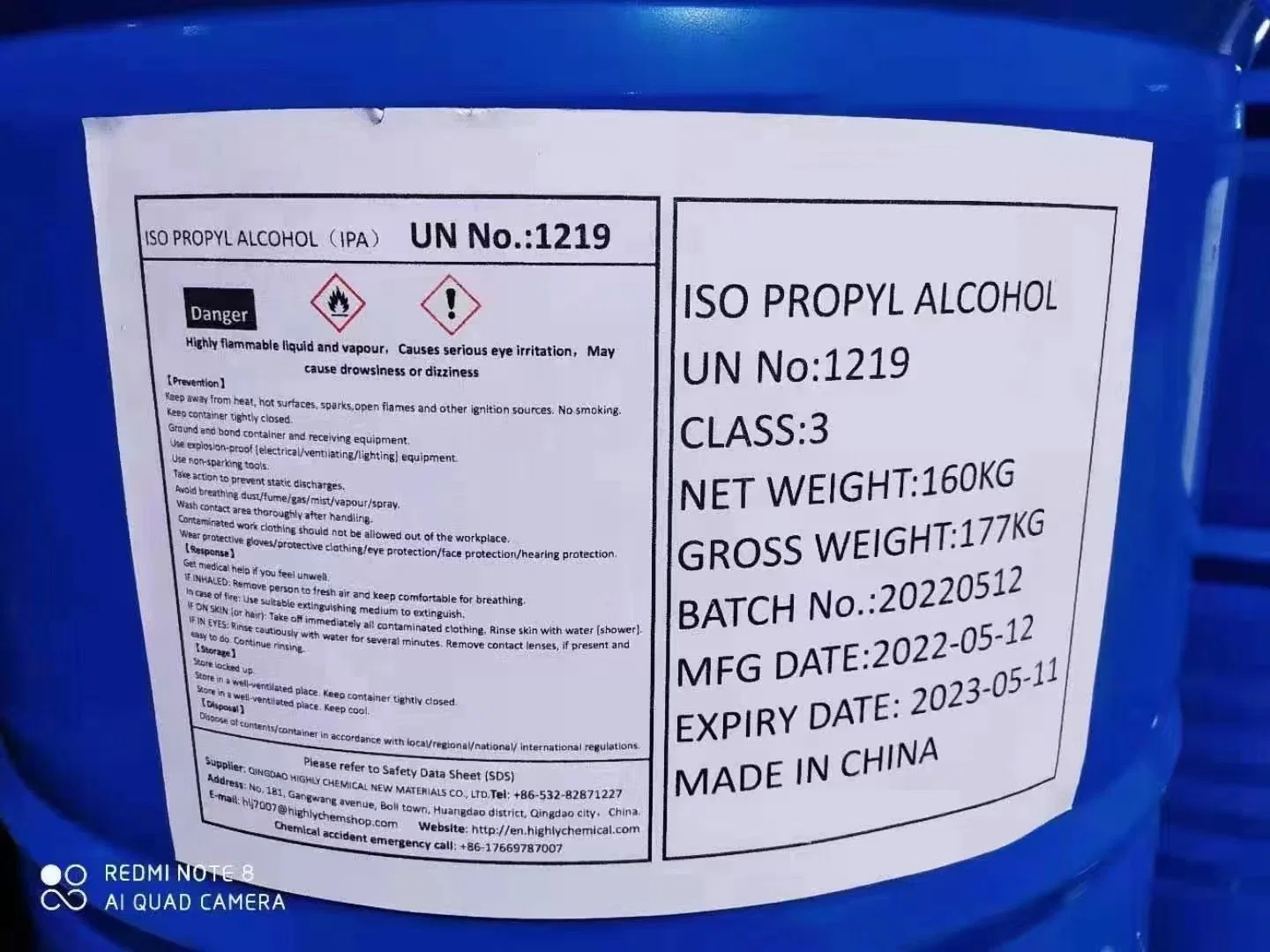 Disolventes de materias primas químicas alcohol isopropílico/IPA, CAS67-63-0