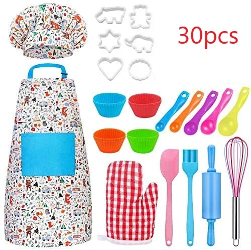 30 PCS Set Cooking Set Includes Kids Apron Chef Hat Oven Mitt and Baking Tools