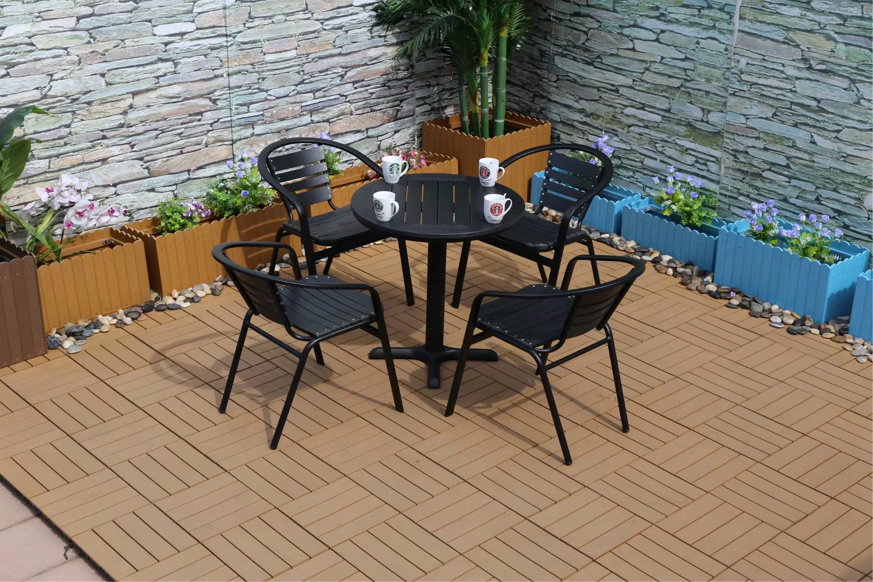 High quality/High cost performance  Outdoor Courtyard Garden Dining Metal Aluminum Frame PS Plastic Wood Table and Chair Combination Furniture Set