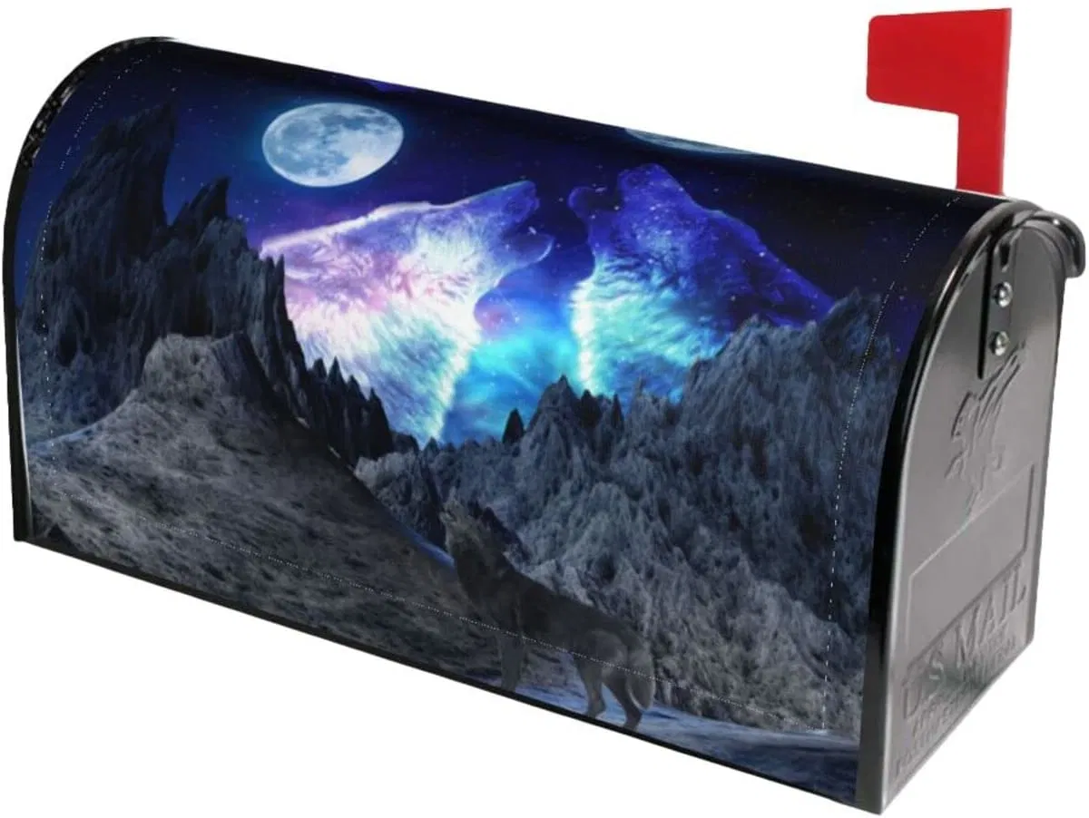 Magnetic Mailbox Cover Howling Wolf Under The Moon Mountain Design Post Box Cover Wrap Decoration Garden Outdoor
