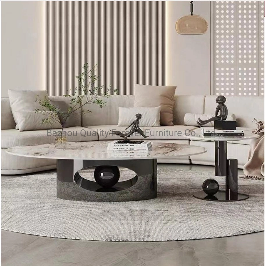 Mesa de café com tampo de pedra sinterizado e mesa de fundo Luxury Marble Aço inoxidável dourado moderno para sala de estar