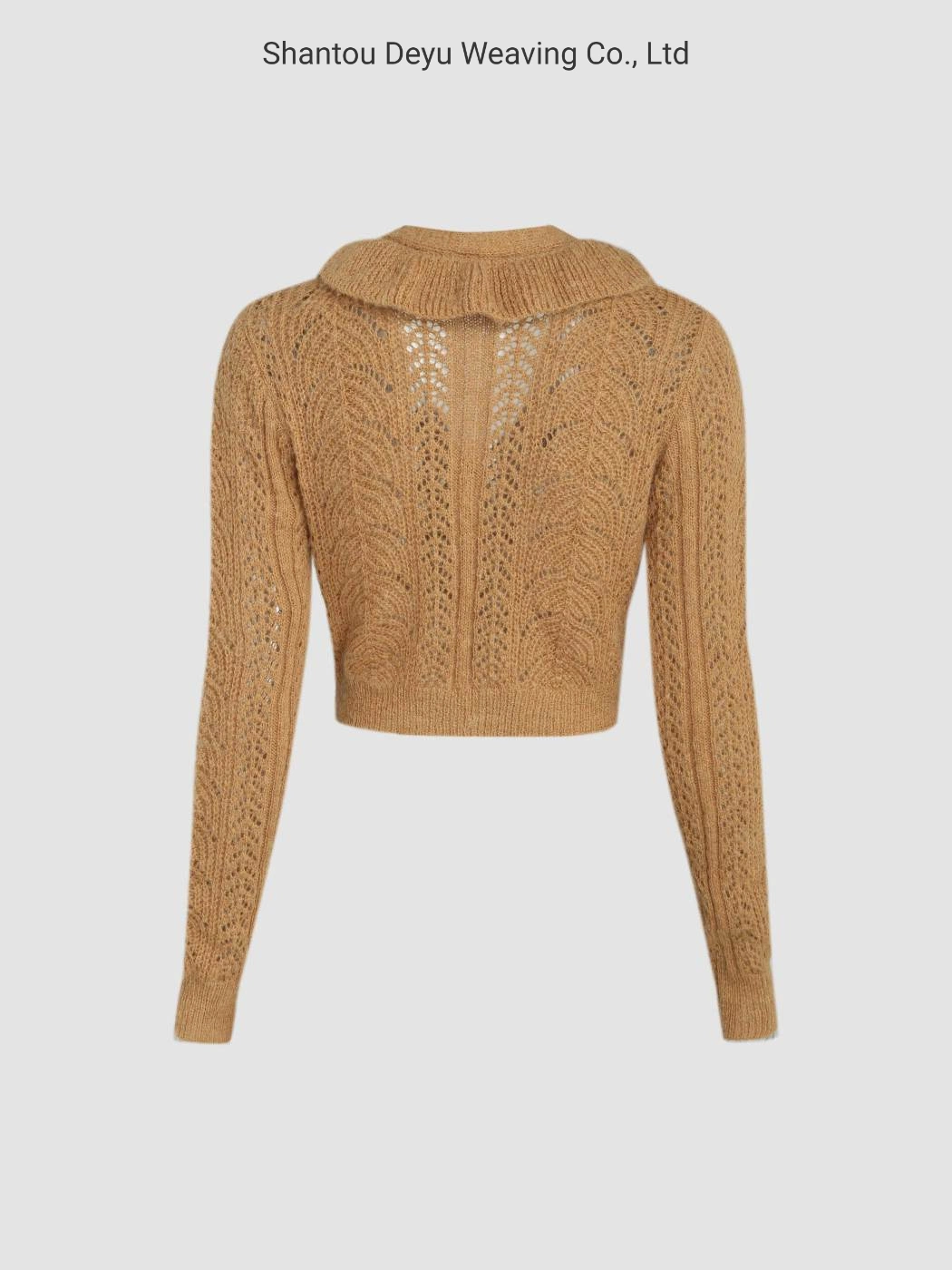 Botón hueco sólido marrón hasta Knit Cardigan diseños personalizados de estilo de moda la elegancia de la mujer de tejer jersey con cuello en V Buttoned Damas tejidos de punto jersey de manga larga