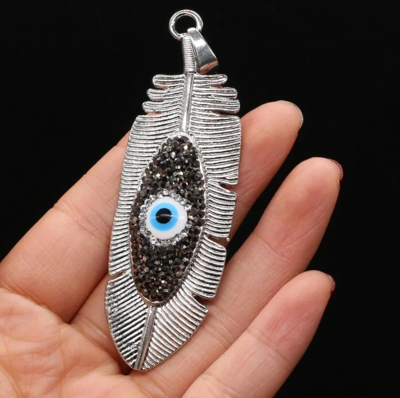 Feather Shape Vintage Metal Necklace Pendant Reiki Healing Blue Eye Pendant for Jewelry Making Earring Necklace Accessories