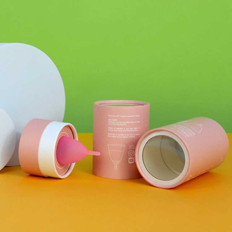 Firstsail Rosa personalizados del cilindro de cartón Caja de regalo de silicona de dama de la Copa Menstrual tubo redondo de papel con ventana