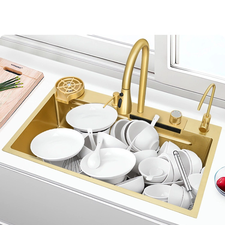 2023 Tiktok 30 32 Inch Single Bowl Nano Golden Waterfall Sink Gold 304 Stainless Steel Faucet Handmade Kitchen Sink