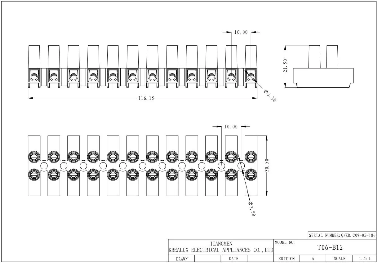 Beleks/Krealux T06-B12 (A) CQC 12 Ports/Poles/Ways Screw-Mounted Terminal Block/Strip/Barrier