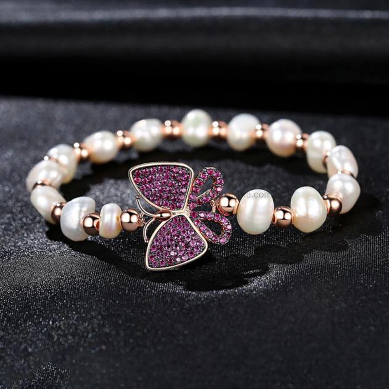 La naturaleza joyería de Perla barroca Cordón Pulsera Ruby CZ Bisutería