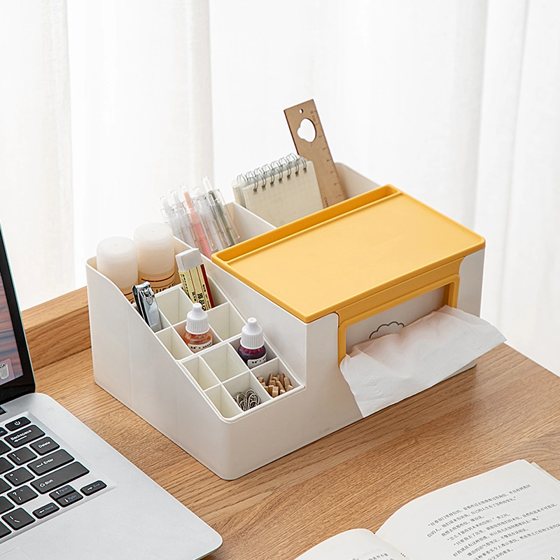 Multi-Functional Household Office Paper Box Plastic Daily Storage Desktop Tissue Box with Lipstick Stand