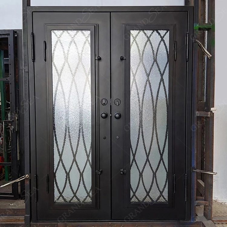Modern Flat Top Wrought Iron Double Glass Front Door Design