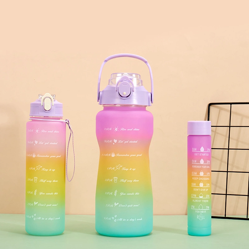 Factory Wholesale 3PCS/Set Leakproof Sport 2L Black Motivational Water Bottle with Time Marker Straw