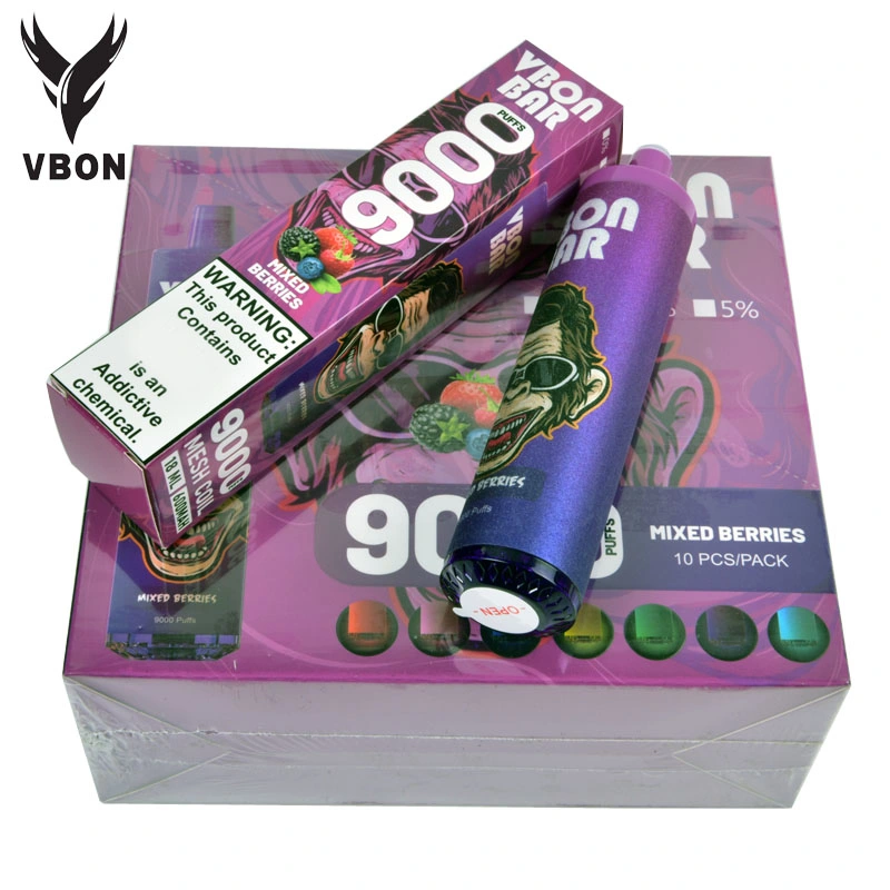 50 Sabores Regulares Original Vbon Bar 9000 9K Puffs Caneta Vape Descartável 2% & 5% Design de Tanque RGB Piscante Recarregável Tipo-C Mini Cigarro Eletrônico Descartável