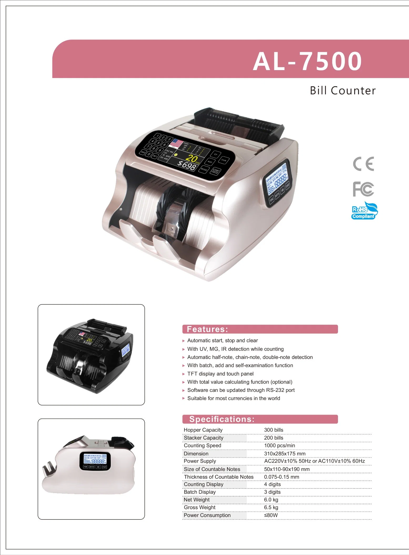 Al-7500 Bill Counter Mix Value Currency Counter with TFT Display Mixed Denomination Machine