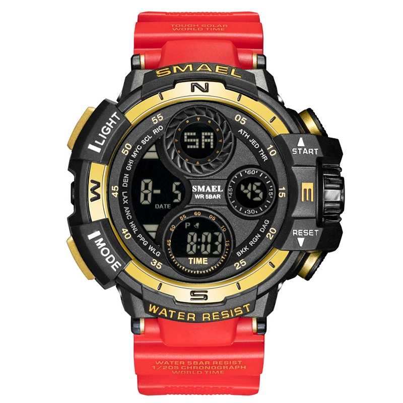 Montre sport à cadran large et affichage rouge, vente à chaud à l'échelle transfrontalière Montre électronique à alarme étanche multicolore