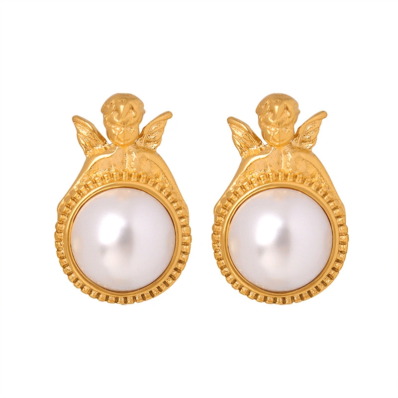Fashion Design rétro en acier inoxydable plaqué or Angel goujon Earrings Bijoux perle ronde pour les femmes