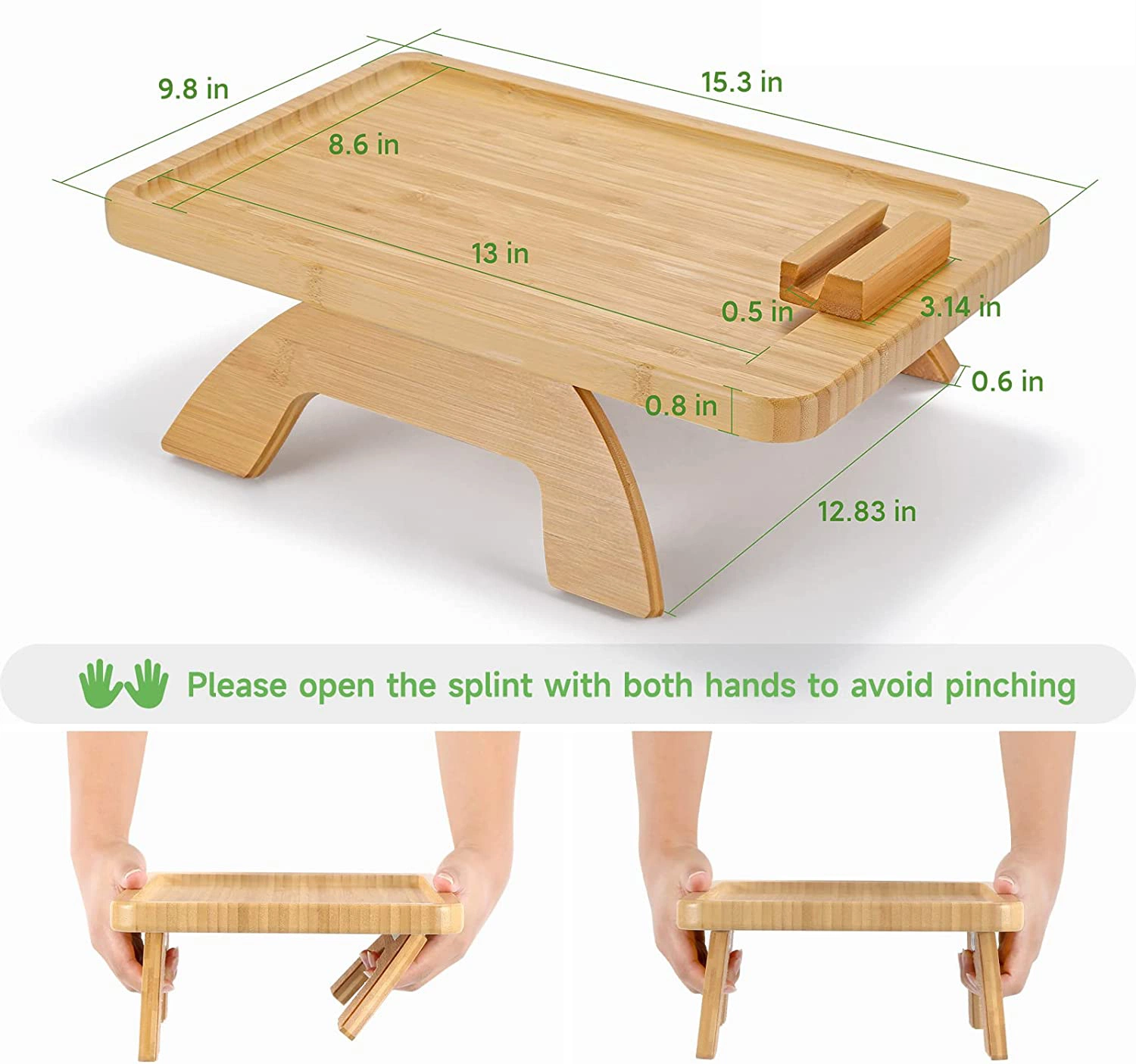 Bamboo Sofa Tray Table Clip on Side Table for Wide Couches Arm Foldable Couch Tray with Rotating Phone Holder Armrest Table for Eating Drinks Snacks