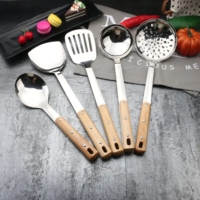 Solid Wood Cooking Tool Set Stainless Steel Kitchen Appliances and Utensils Set with Wooden Handle