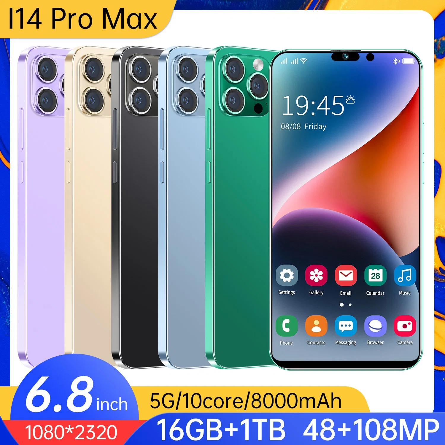 Dual SIM TF Card 16GB Android 12.0 System I14 PRO Max Cellphone Smartphone with 8000mAh