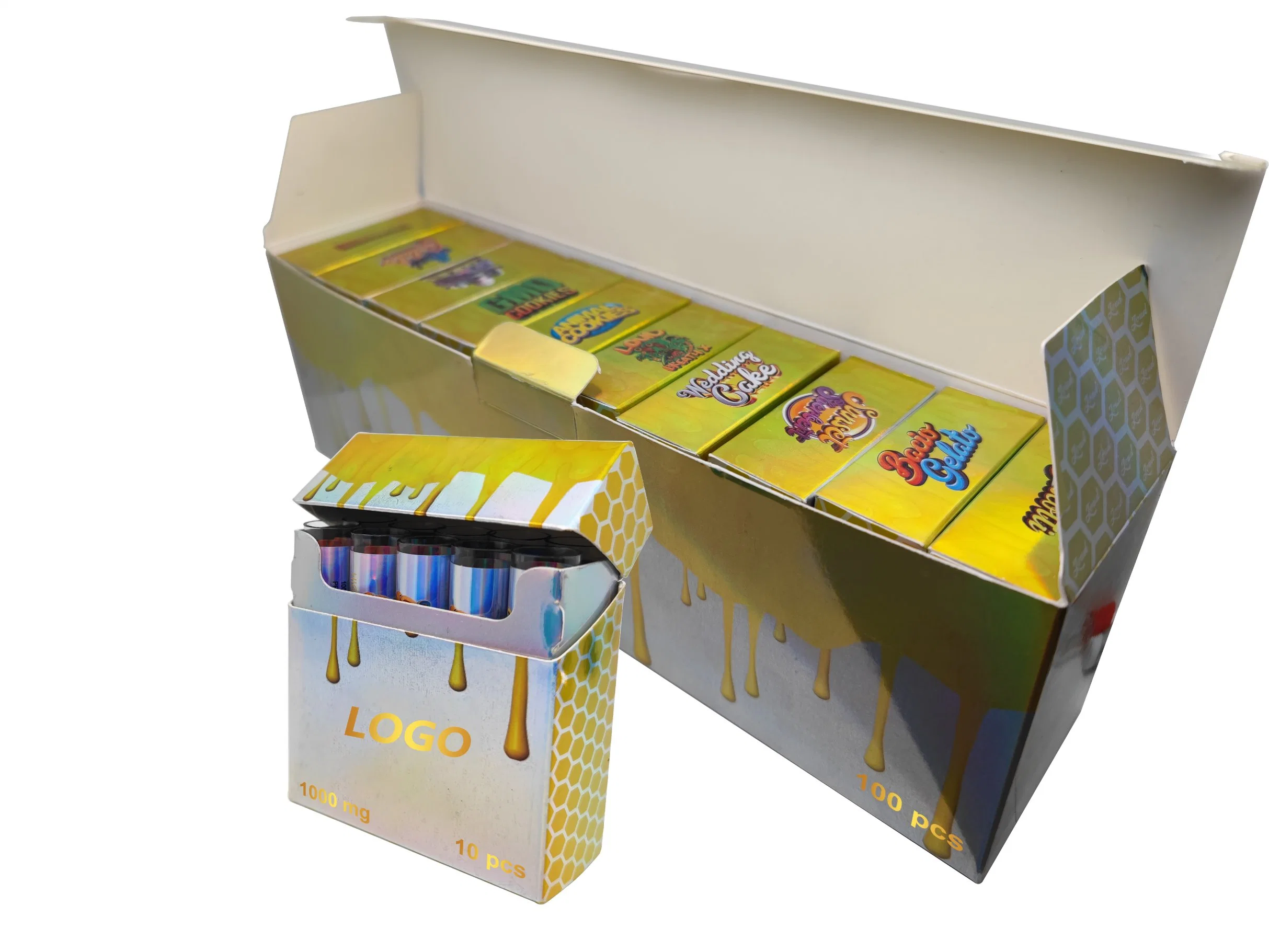 Paquet de 10 boîte à cigarettes pour tube en plastique avec autocollants 510 Cartouches emballage de 100 boîtes de présentation emballage de boîtes de couleur holographique