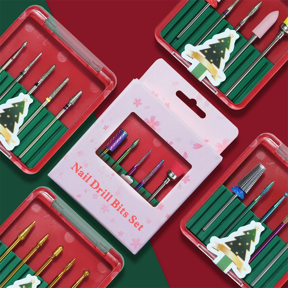 Vente en gros Noël 5 en 1 Kit de tête de forets pour ongles Embout en carbure de clou manucure outil de pédicure en tungstène Forets à ongles Définir les forets en carbure de tungstène Nail