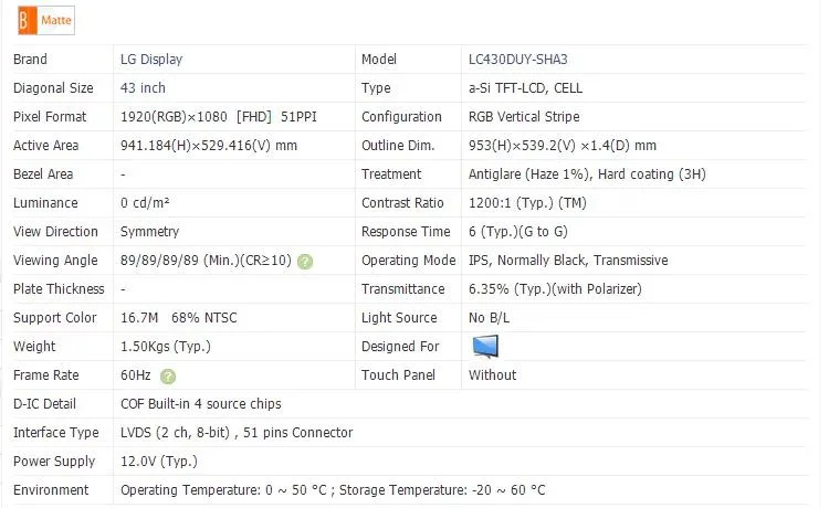 LC430duy-Sha3 6870s-1933c 6870s-1932c Écran de télévision LED LCD de remplacement LG 43 pouces