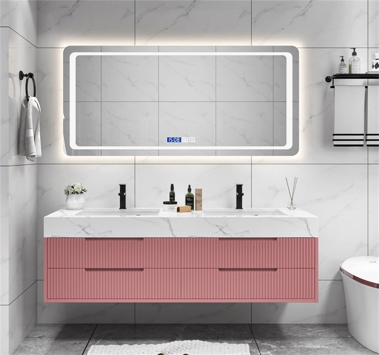 Luxury Bathroom Cabinet Furniture New Design Plywood with Painting Waterproof Bathroom Vanity Cabinets with LED Mirror Cabinet with Rock Plate Basin