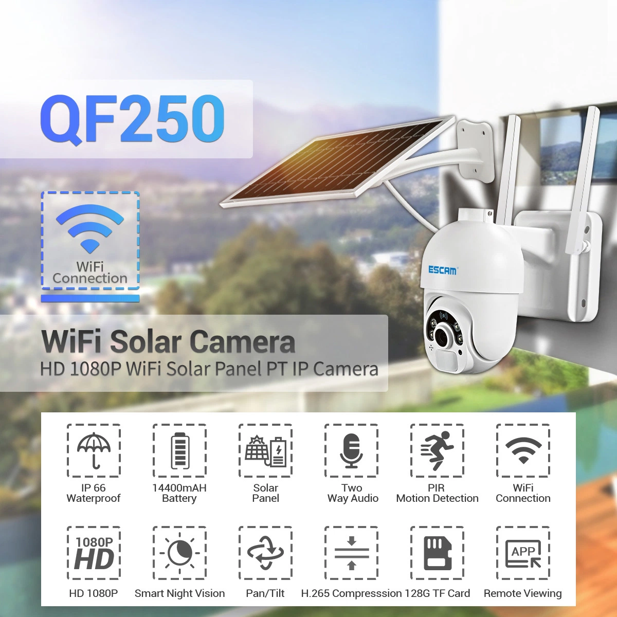 Escam Qf250 1080P WiFi IP WiFi Wireless 6W Solar Panel Battery Security Camera