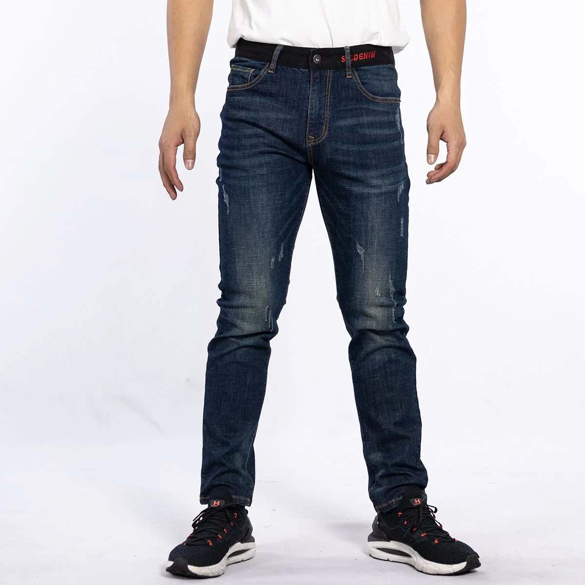 Custom American Style Logo Embroidery Patchwork Waist Ripped Denim Jeans for Man