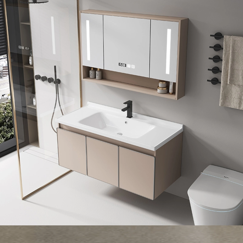 Made in China Solid Wooden Bathroom Vanity Cabinet with Ceramic Countertop Art Wash Basin LED Mirror Cabinet