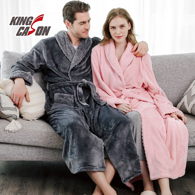 Kingcason Luxury Fashion Plain 100% Polyester Flannel Fleece Pajama Robe for Adult