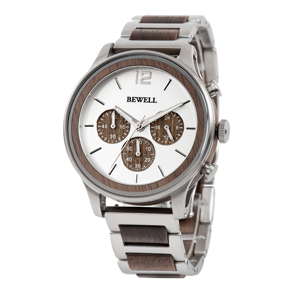 Bewell Mode Acier Inoxydable avec Bracelet en Bois Véritable 3 Couleurs Montre-Bracelet pour Hommes à Quartz