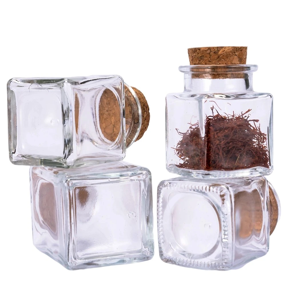 Mini 50ml Square Cork Lid Clear Glass Spice Packaging Bottle Jar for Spice Powder Dried Saffron