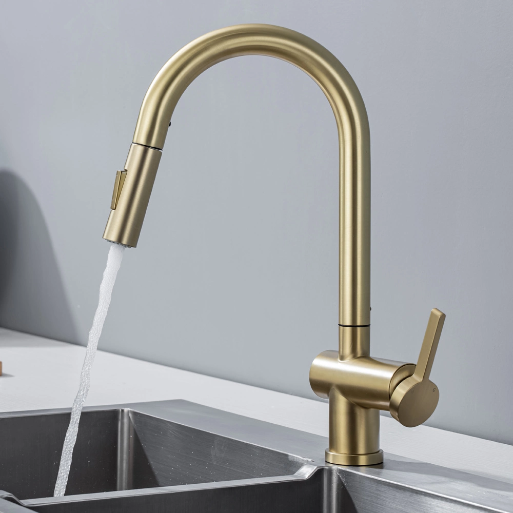 Pull-out Kitchen Sink Faucet Brushed Gold Kitchen Faucet Single Handle Mixer Faucet 360 Degree Swivel Kitchen Shower Fau