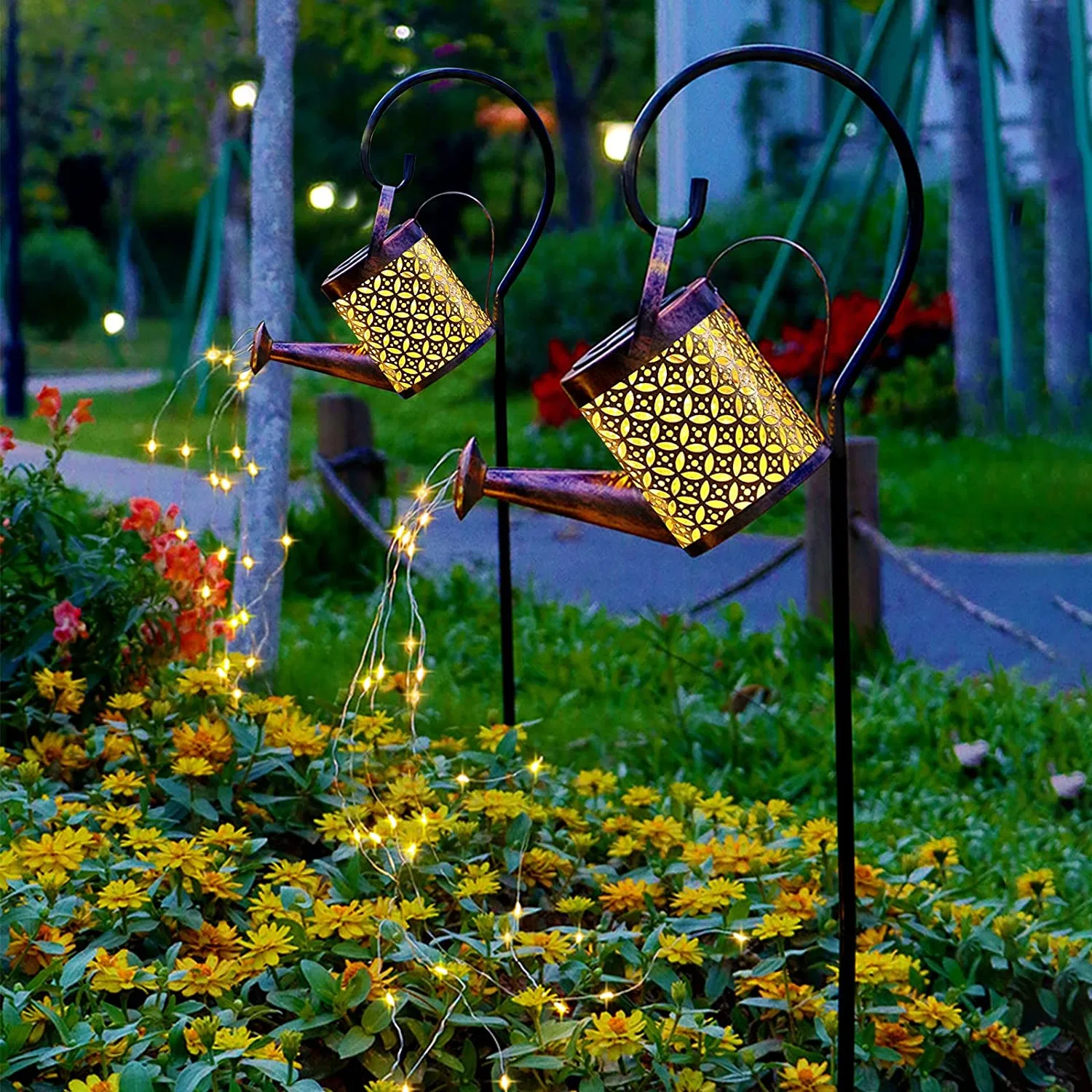 Outdoor Waterproof Solar LED Light Metal Hallow out Watering Can Garden Stake Decoration