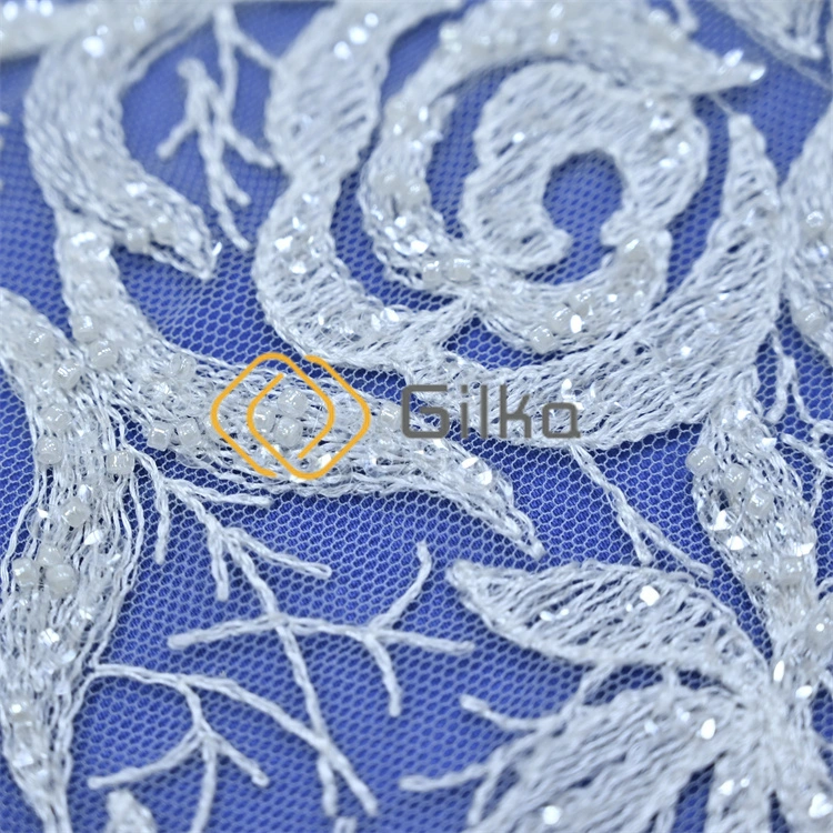 Fashion Style Design Pure White Beaded Embroidery Lace Fabrics for Wedding Dresses