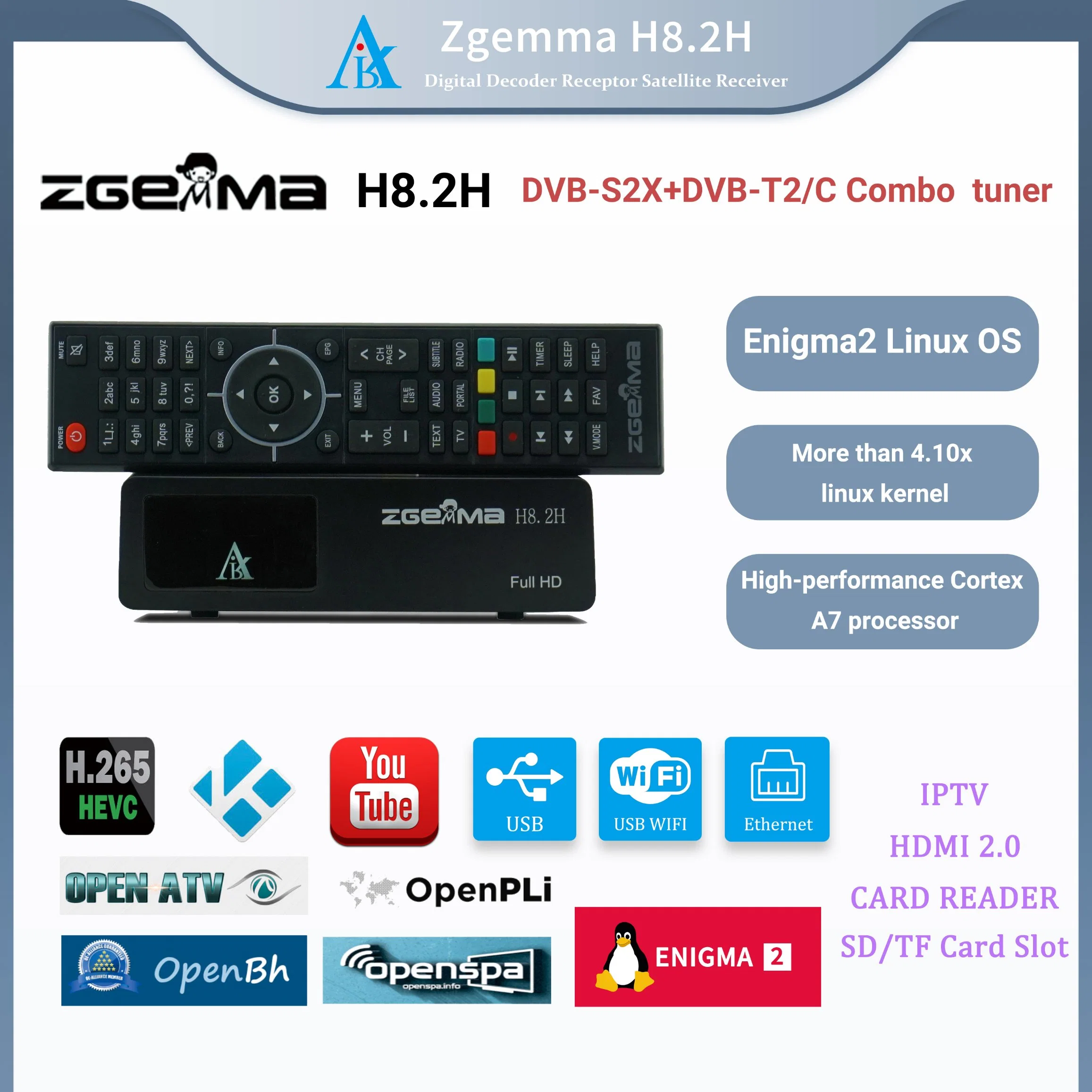 Satellite TV Receiver DVB-S2X + DVB-T2/C Combo Tuner Built-in Zgemma H8.2h Enigma2 Linux OS Full Hud