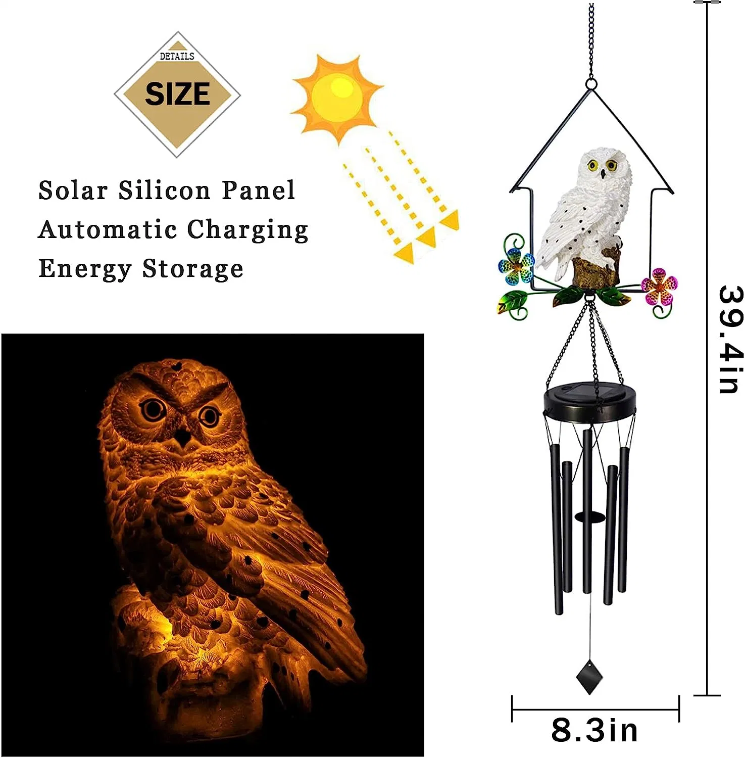 Solar Owl Wind Chime Outdoor LED Light up Bird Wind Chime