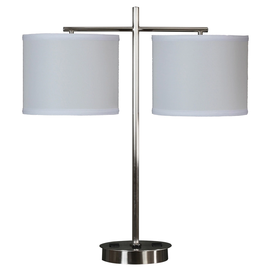 Jlt-7012 Modern Brushed Nickel Single Double Table Desk Lamp with 2 Power Outlets for Hotel Room Bedside, Super 8 Motel