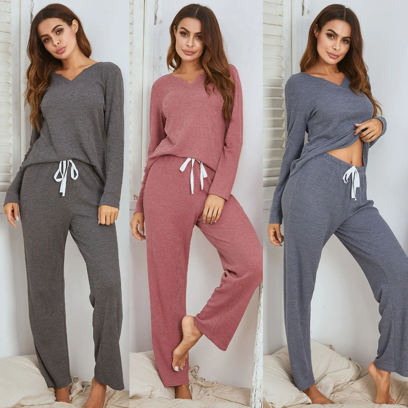 Women&prime; S Winter Knit Loungewear Long Sleeves 2 Piece Pj Sets Sleepwear Pajamas Women