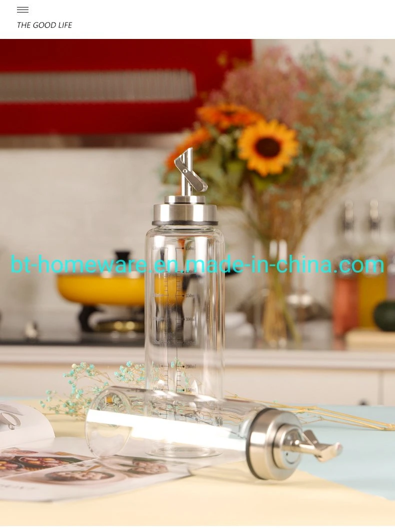 Wholesale/Supplier High quality/High cost performance  300ml 450ml Kitchen Borosilicate Glass Oil Jug Pot Bottle with Stainless Steel Oil Nozzle Self-Opening and Closing Household and Scale