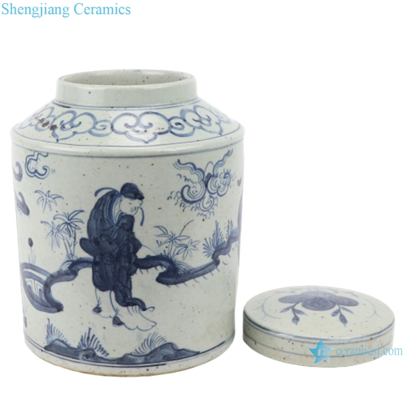 Chinois fait main porcelaine bleu et blanc Antique bocal Ancestor Lidded Pot