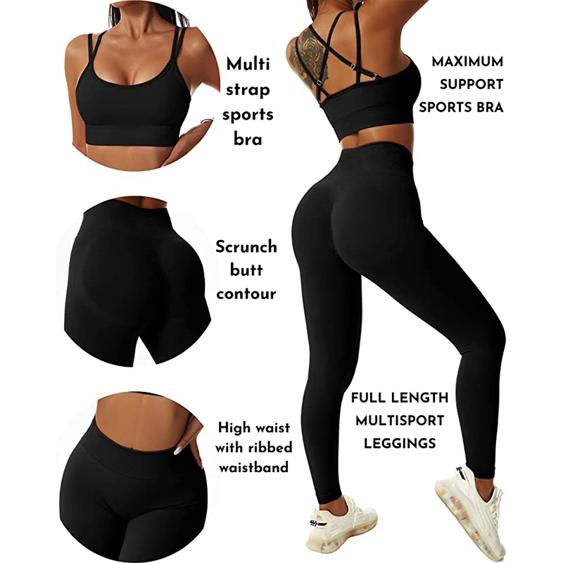 2/3/4PCS Sexy Summer Activewear Seamless Casual Apparel for Women, Halter Neck + Strappy Back Sports Bra + Scrunch Shorts + Yoga Pants Matching Workout Set