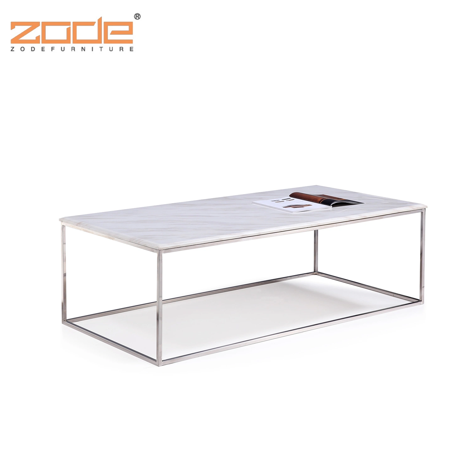 Zode Vintage Industrial Parquet Marble Top Metal Frame Living Room Glass Top Coffee Table