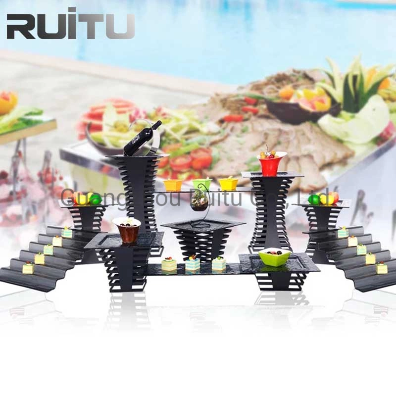 Hotel Royal Glass Plates Rack Combined Set Food Display Party Table Skyline Cupcake Dessert Serving Platter Stainless Steel Black Buffet Cake Risers and Stands